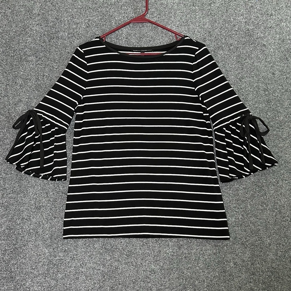 WHITE HOUSE BLACK‎ MARKET~ Black White Stripe 3/4 Bell Sleeves Shirt Top~ SMALL